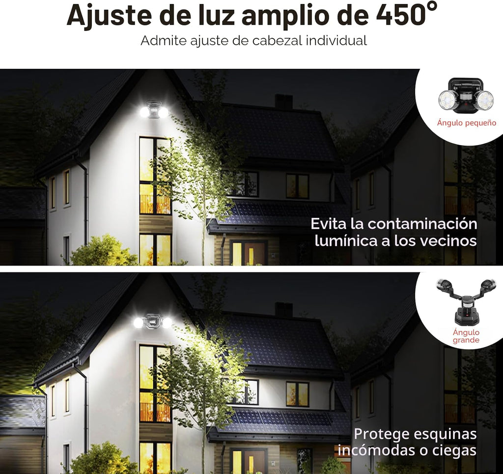 OREiN Luz de seguridad para exteriores con sensor de movimiento, luz LED de doble cabezal ajustable, 3 modos (movimiento/manual/atardecer a amanecer), equivalente a 150 W 5000 K, iluminación exterior impermeable IP65, cableado