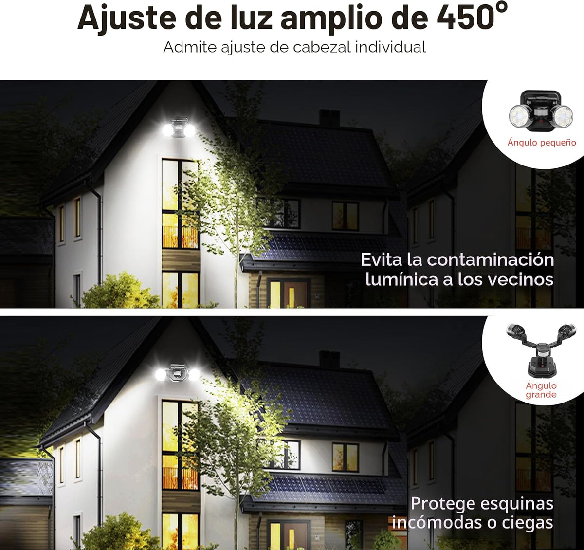 OREiN Luz de seguridad para exteriores con sensor de movimiento, luz LED de doble cabezal ajustable, 3 modos (movimiento/manual/atardecer a amanecer), equivalente a 150 W 5000 K, iluminación exterior impermeable IP65, cableado