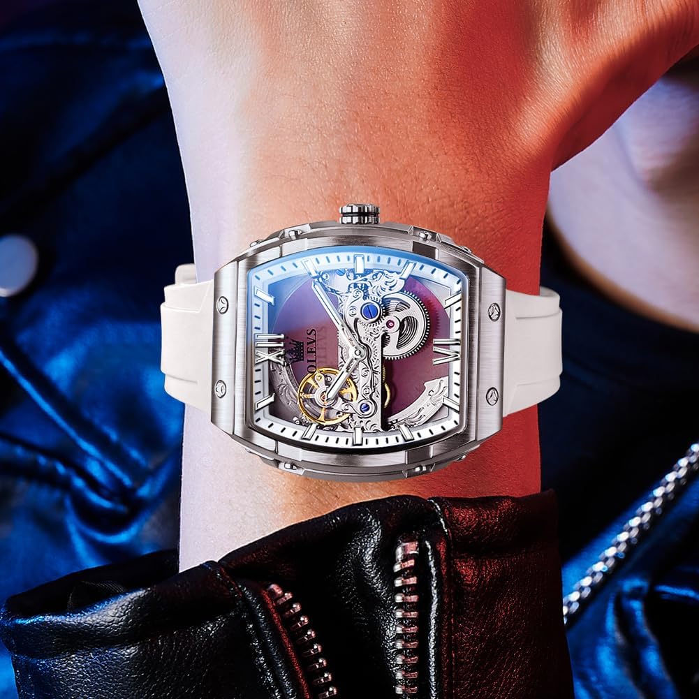 OLEVS Reloj para Hombre Skeleton Automático Tonneau Correa de Silicona Negocios Lujo a Prueba de Agua Luminoso Reloj Mecánico para Hombre