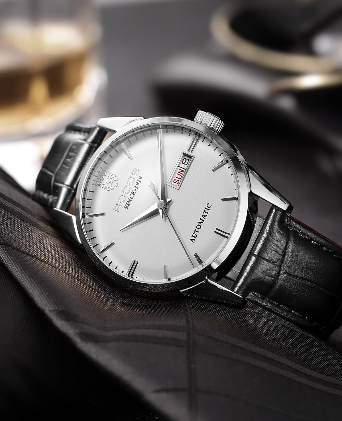 ROCOSJEWE Reloj mecánico automático para hombre, correa de cuero negro