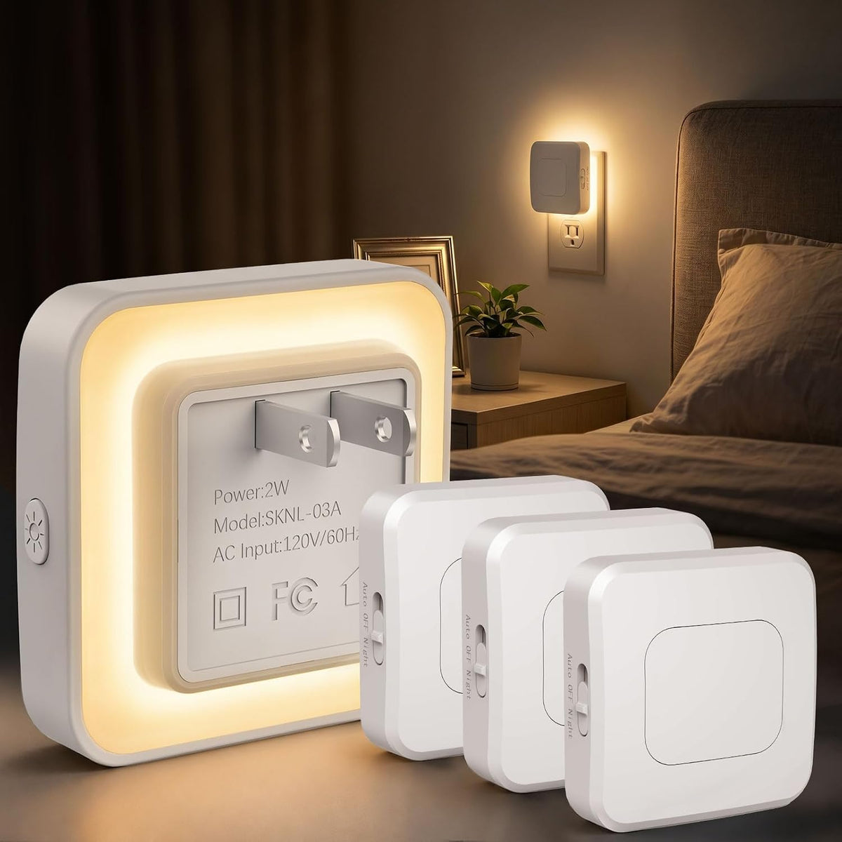 Paquete de 4 luces nocturnas con sensor de movimiento retroiluminado, luz nocturna LED enchufable, sensor de atardecer a amanecer, 1-80 lúmenes, luz nocturna de brillo ajustable para pasillo