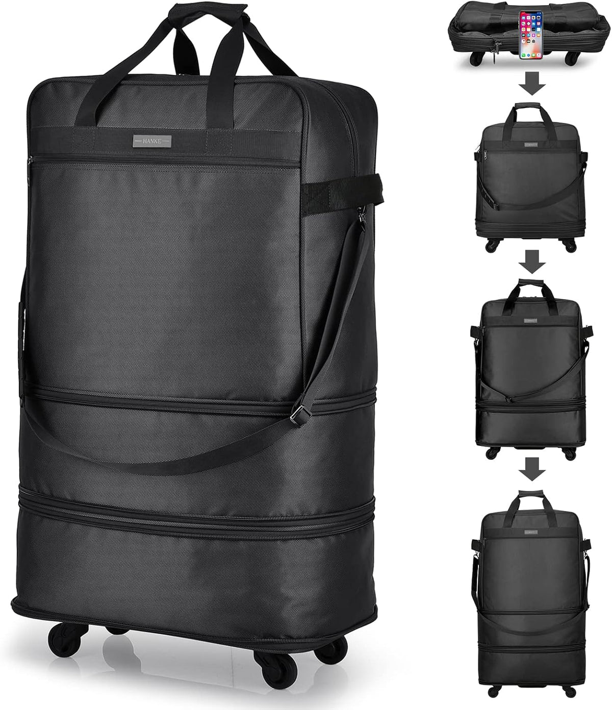 Maletas Hanke con ruedas, bolsa de viaje expandible y plegable, maleta de lona plegable, bolsa de viaje colapsable y rodante, bolsa de lona para hombres y mujeres, maletas ligeras sin asa telescópica