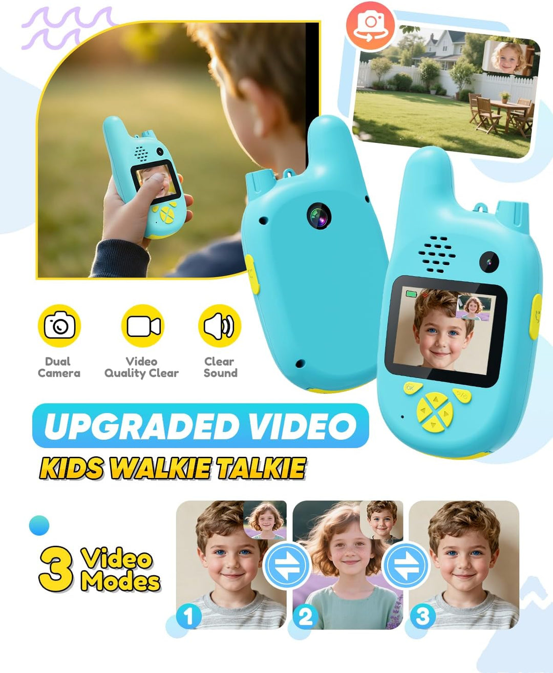 Walkie Talkies de video para niños con doble cámara, paquete de 2 j...