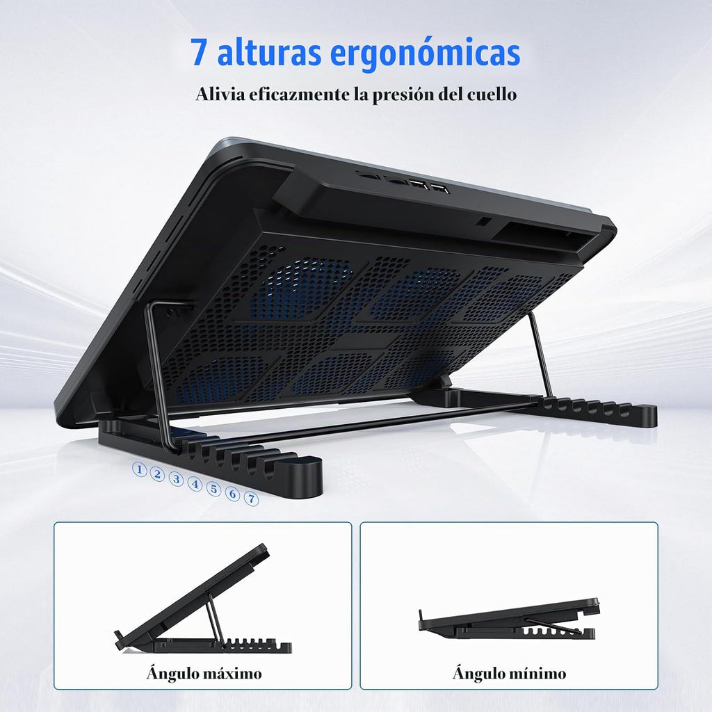 Almohadilla de enfriamiento para laptop, enfriador de laptop con 6 ventiladores silenciosos para portátiles de 12 a 17 pulgadas, soporte estable, 7 altura y velocidad del viento ajustable, 2 puertos USB y soporte para teléfono (negro)