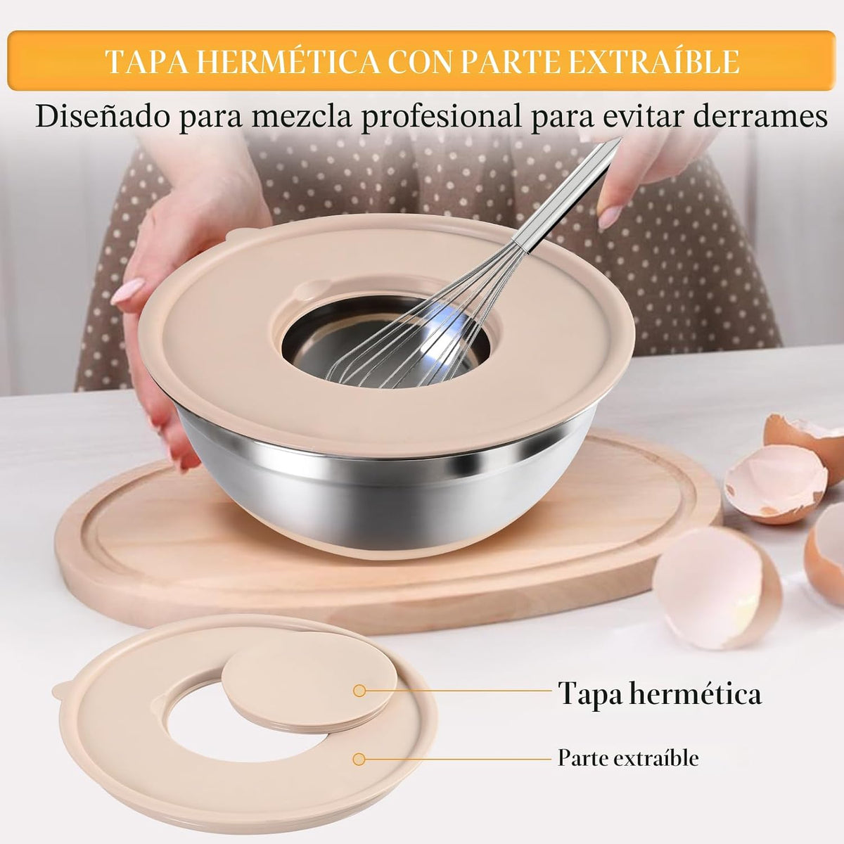 Juego de tazones para mezclar con tapas herméticas, juego de 20 utensilios de cocina, 6 cuencos de acero inoxidable, 3 accesorios para rallar, parte inferior de silicona antideslizante, ideal para