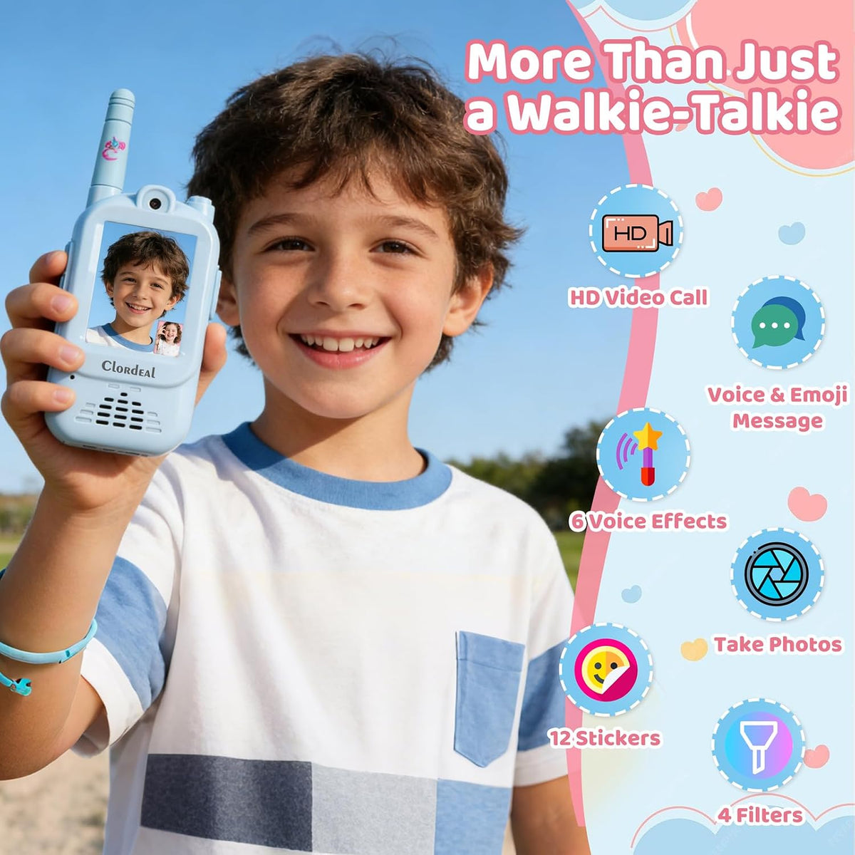 Walkie Talkies de video para niños con videollamadas cara a cara, cambiador de voz, cámara y almacenamiento de fotos, rango de 600 pies, juguete recargable para niños y niñas de 3 a 12 años