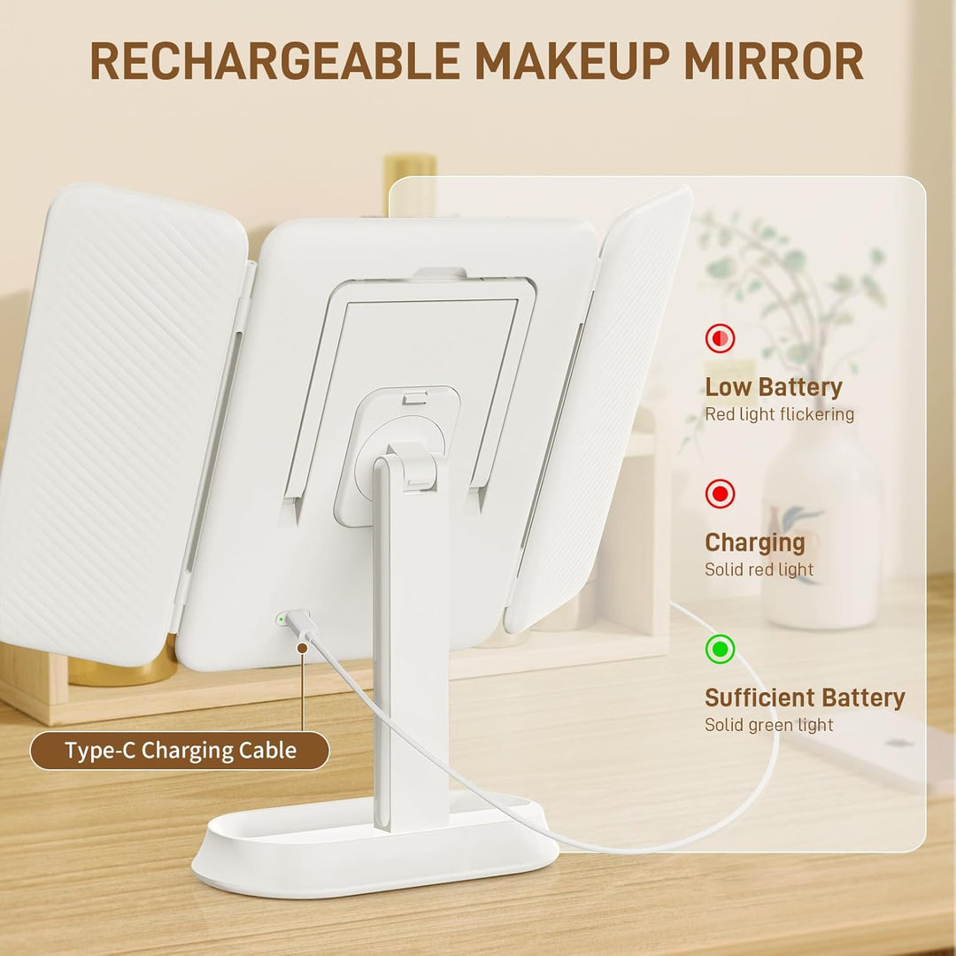 FRANO Espejo de maquillaje plegable de tres pliegues con luces, esp...