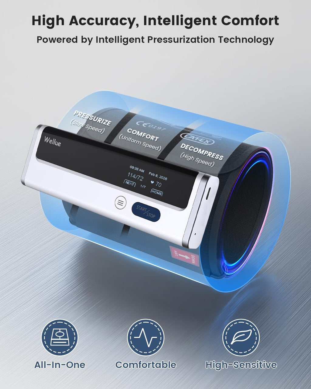 Wellue BP2A Monitor Inteligente de Presión Arterial - Brazalete Inalámbrico para Brazo Superior Bluetooth con Diseño de Una Pieza, Almacena Datos Históricos y Se Conecta Fácilmente a la APP para iOS y