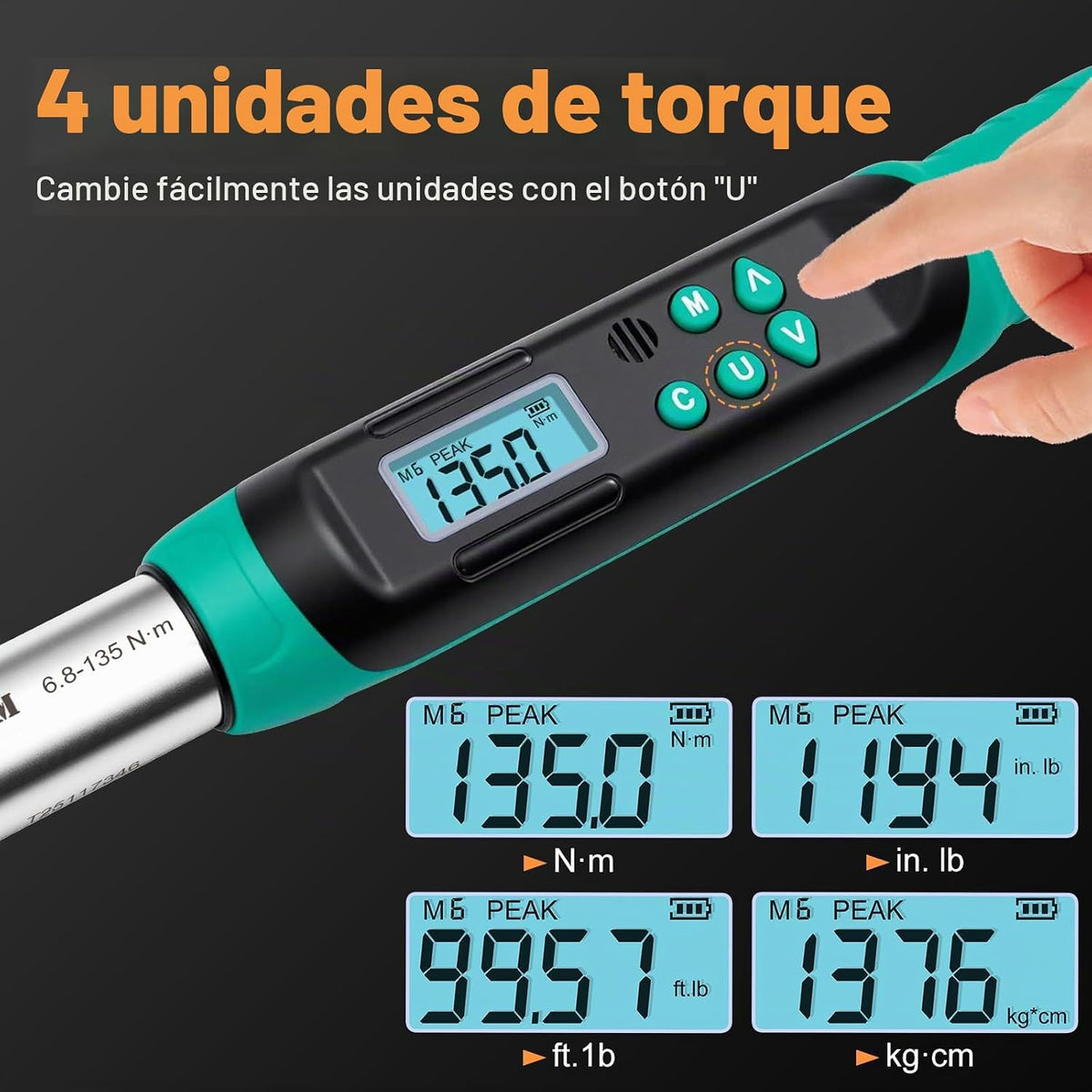 Llave dinamométrica digital, 3/8 pulgadas, 5-99.6 ft-lb, 2% de