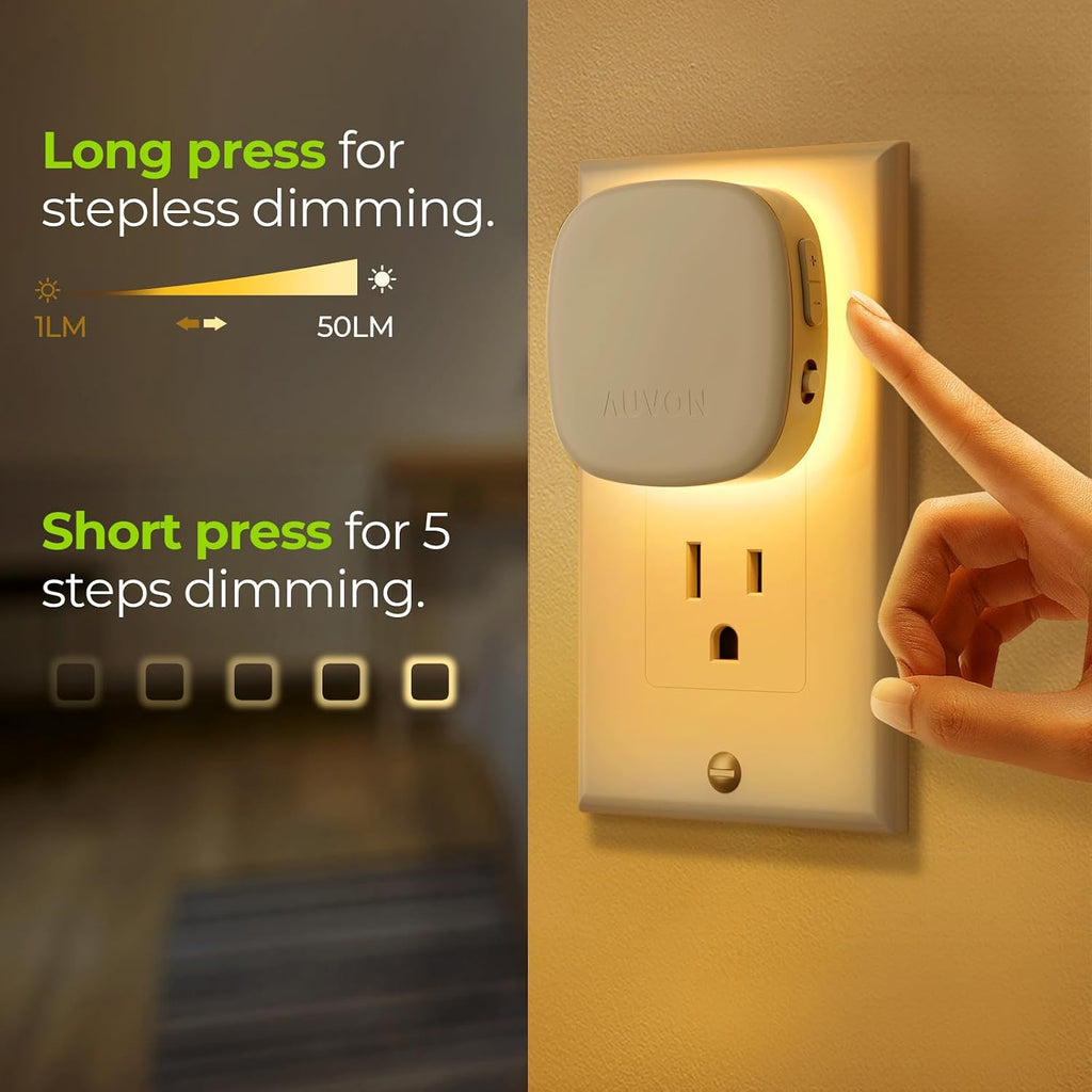 AUVON - Luz nocturna LED retroiluminada enchufable, 4 paquetes, sensor de movimiento y del anochecer al amanecer