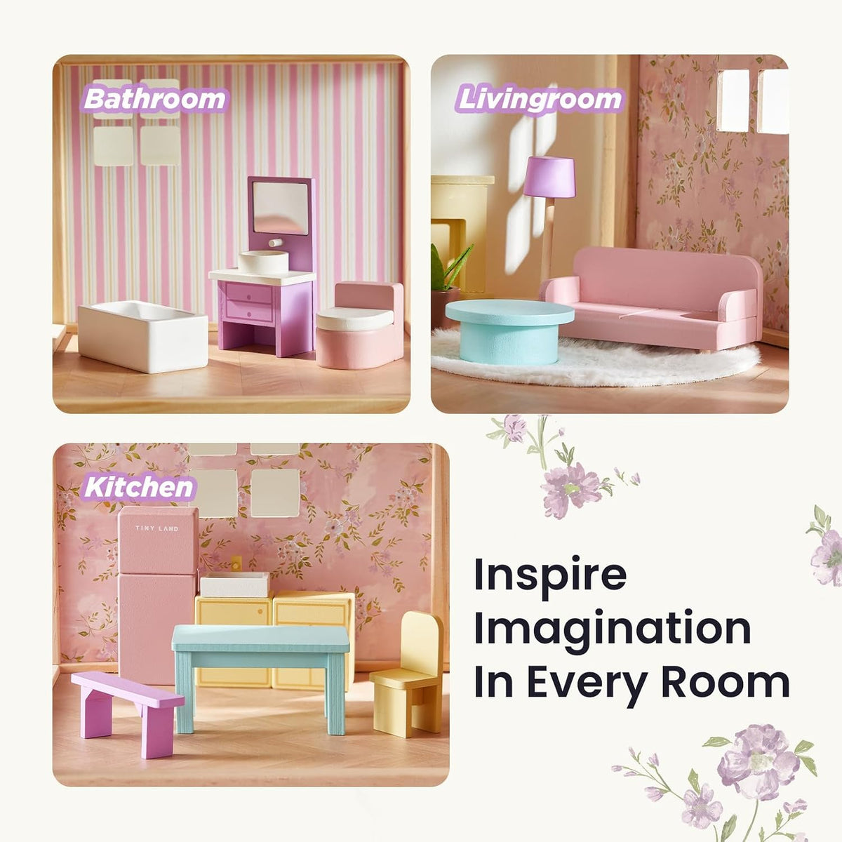 Tiny Land - Casa de muñecas de madera para niñas - Casa de muñecas de madera de 6 habitaciones