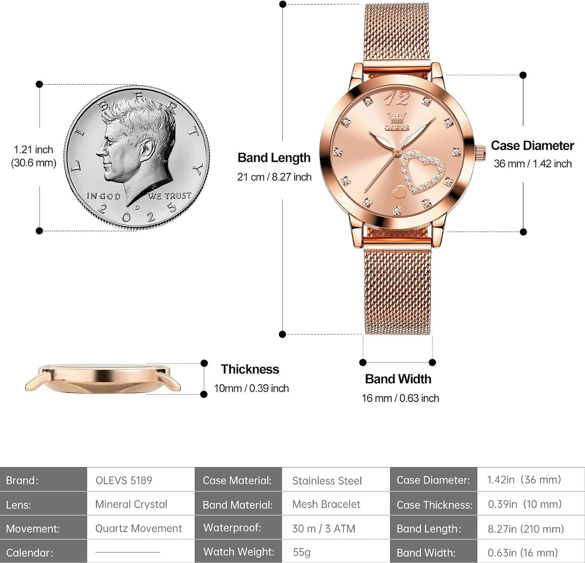 OLEVS Reloj de muñeca pequeño en tono oro rosa para mujer, lindo dial de números arábigos con corazón de diamante, pulsera de malla impermeable a la moda, vestido analógico para mujer