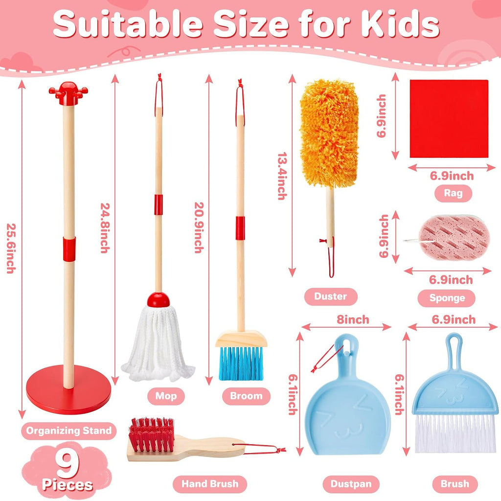WHOLL - Juego de juguetes de limpieza de madera para niños, escoba y recogedor para limpieza de 9 piezas, juego de escoba y trapeador para niños pequeños de 3 a 6 años, juguetes de limpieza con