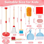 WHOLL - Juego de juguetes de limpieza de madera para niños, escoba y recogedor para limpieza de 9 piezas, juego de escoba y trapeador para niños pequeños de 3 a 6 años, juguetes de limpieza con