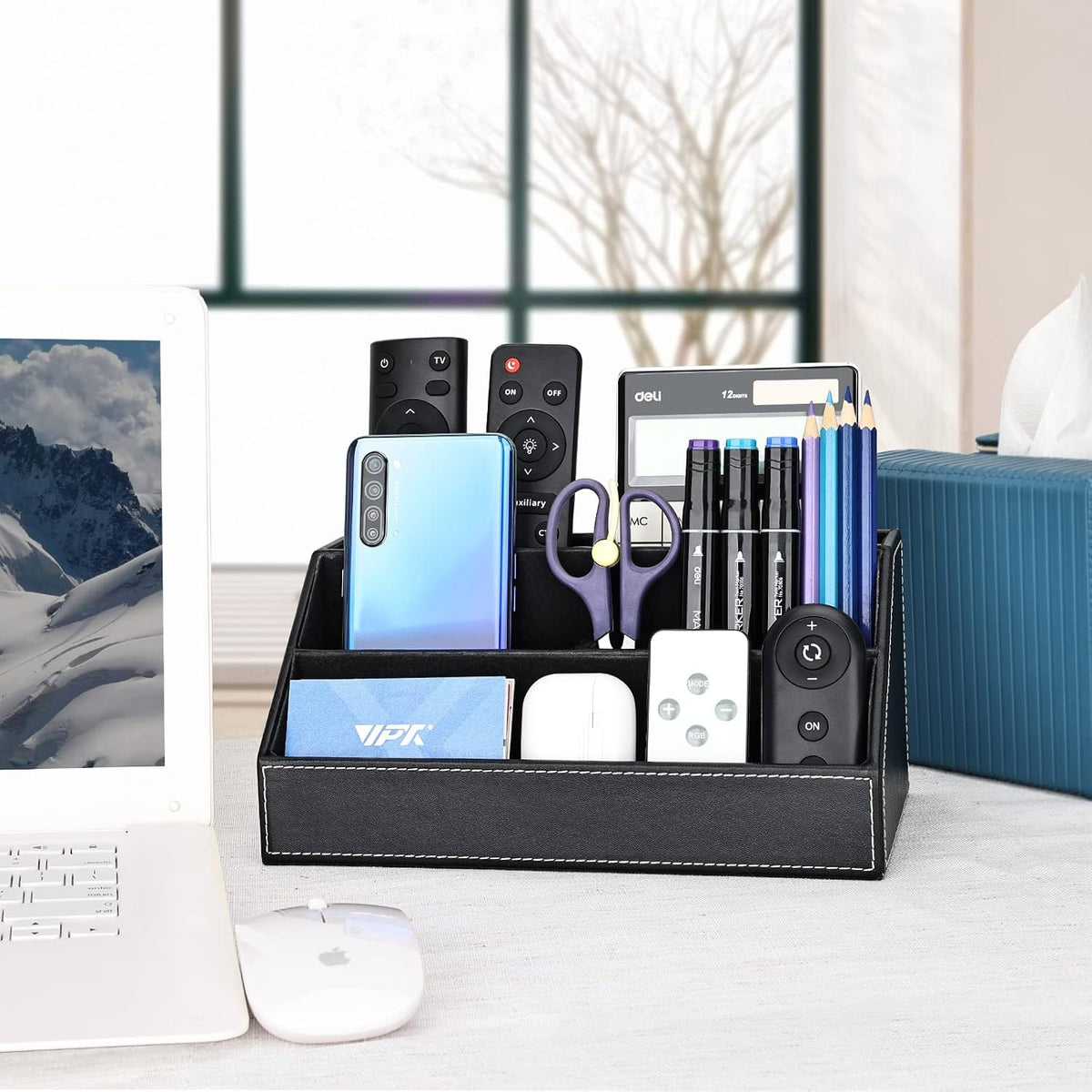 KINGFOM™ Caja de almacenamiento y organizador de papelería multifunción para escritorio; estructura de madera y piel para la oficina del hogar; organizador de lápices y lapiceras, teléfono celular, tarjetas de negocios, papeles para notas, control remoto
