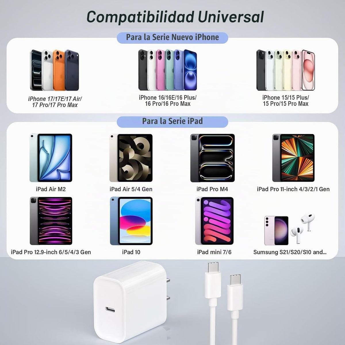 [Certificado MFi de Apple] Cable largo USBC a USBC de 10 pies de carga rápida para iPhone 17/16e/15, paquete de 3 bloques de carga rápida de teléfono Apple de 20 W, cable tipo C de 10 pies para iPhone 17 Air/17/16/15 Pro/Pro Max/iPad Pro/AirPods