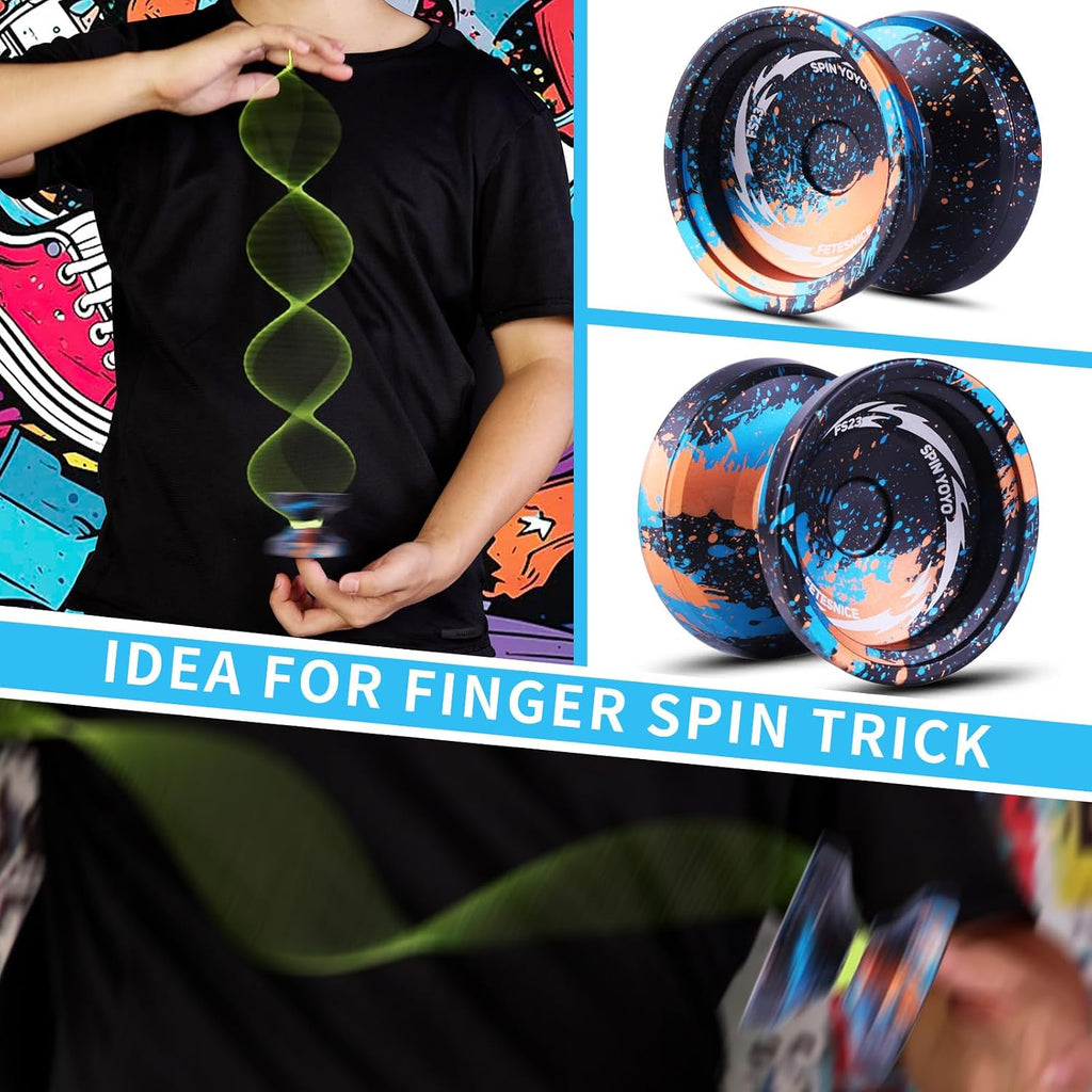 FS23 Finger Spin Yoyo - Yoyo profesional de trucos de metal, sensible y no responde para niños de 8 a 12 años y adultos, doble función Fingerspin trick yoyo con cuerdas y accesorios, negro, azul y