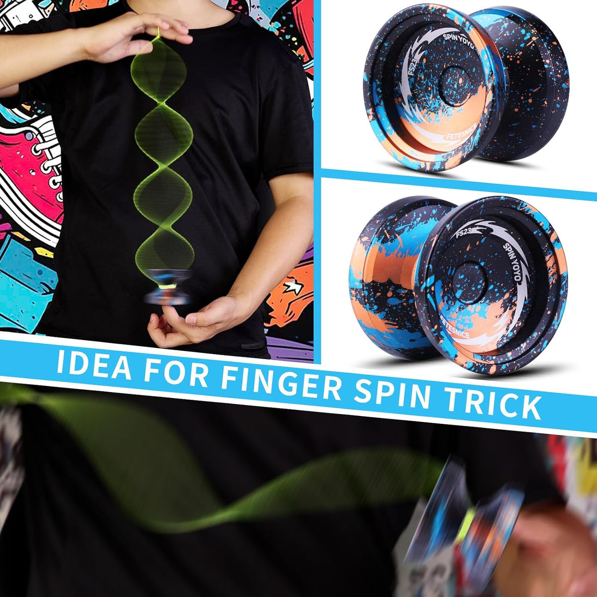 FS23 Finger Spin Yoyo - Yoyo profesional de trucos de metal, sensible y no responde para niños de 8 a 12 años y adultos, doble función Fingerspin trick yoyo con cuerdas y accesorios, negro, azul y