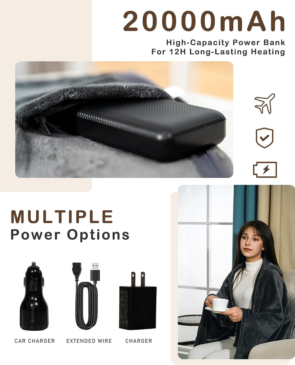 Manta térmica inalámbrica alimentada por batería; manta térmica portátil portátil portátil con capucha, batería de 20000 mAh, 9 zonas de calefacción, 3 niveles; chal térmico portátil sin cordón