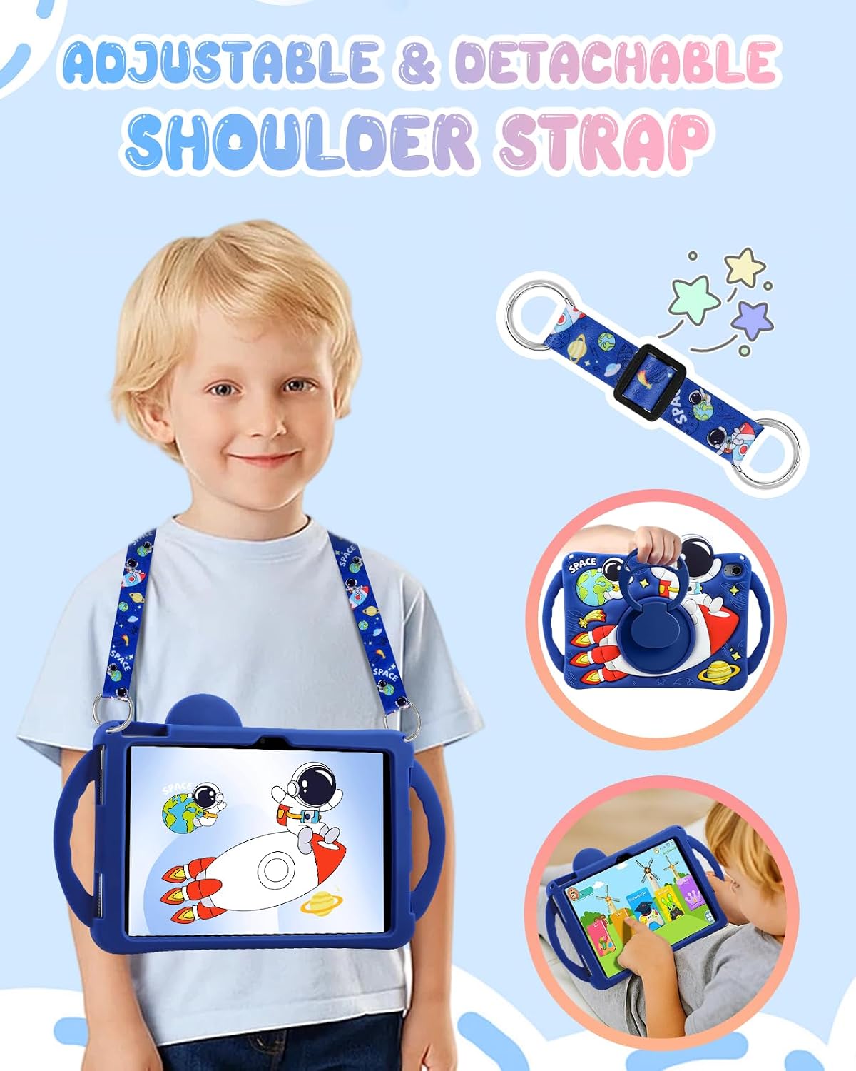 Boaretiu - Funda para iPad A16/10ª generación, diseño de astronauta de dibujos animados con correa y soporte giratorio y asa para niños, niñas, adolescentes, silicona 3D para iPad A16 de 11ª