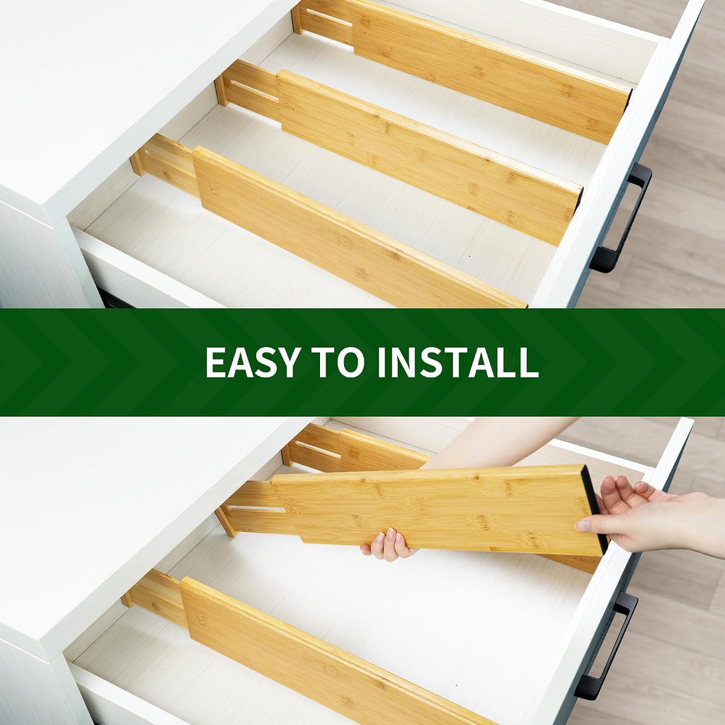 VaeFae Paquete de 6 separadores de cajones de bambú, 4 pulgadas de alto ajustables de 11.9-17.1 pulgadas, separadores expandibles para dormitorio, baño, cocina, oficina