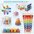 Juguetes Montessori para bebés pequeños, juego de apilamiento de madera 6 en 1