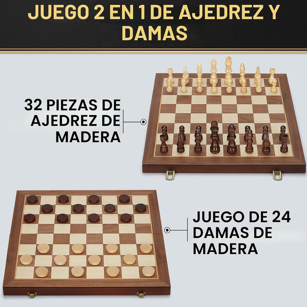 Juego de ajedrez magnético 2 en 1 y juego de mesa de damas, tablero de ajedrez plegable de madera de 15 pulgadas con 2 reinas adicionales, juego de ajedrez de viaje portátil con ranuras de