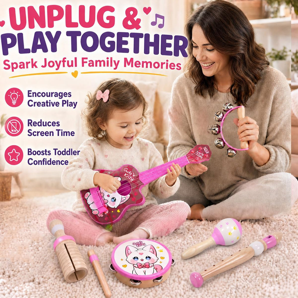 Juego de juguetes de guitarra para niños, instrumentos musicales duraderos a prueba de caídas 7 en 1 para niños de 3 a 5 años, lindo juguete de ukelele de animales con pandereta de madera, guiro