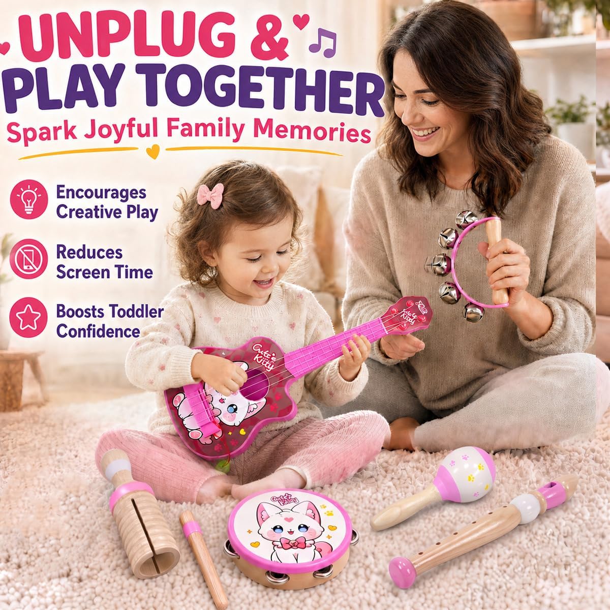 Juego de juguetes de guitarra para niños, instrumentos musicales duraderos a prueba de caídas 7 en 1 para niños de 3 a 5 años, lindo juguete de ukelele de animales con pandereta de madera, guiro