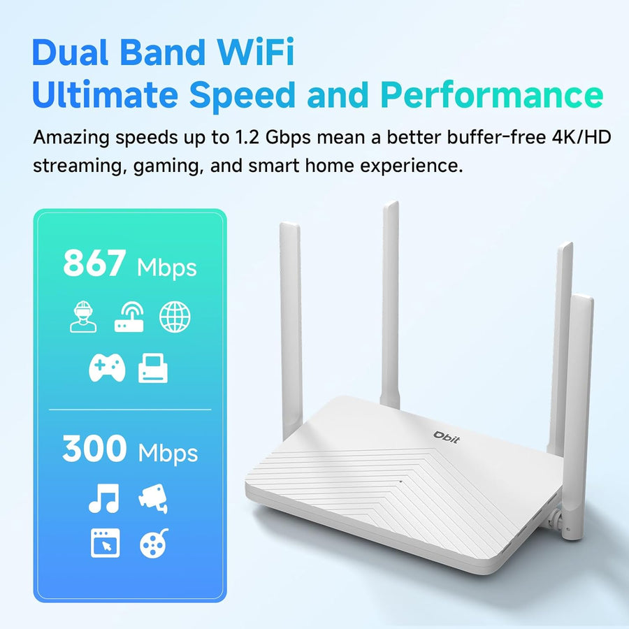 DBIT Enrutador WiFi Gigabit AC1200, 2.4 GHz + 5 GHz de doble banda...