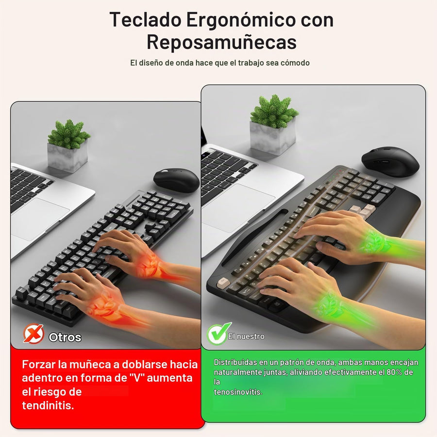 Combo de teclado y mouse inalámbricos, teclas onduladas de tamaño c...