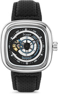 Stauer Reloj automático de esqueleto cuadrado para hombre, funda de cojín plateada de 1.732 pulgadas, esfera negra de corazón abierto, movimiento mecánico de 21 joyas, correa de cuero