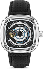 Stauer Reloj automático de esqueleto cuadrado para hombre, funda de cojín plateada de 1.732 pulgadas, esfera negra de corazón abierto, movimiento mecánico de 21 joyas, correa de cuero