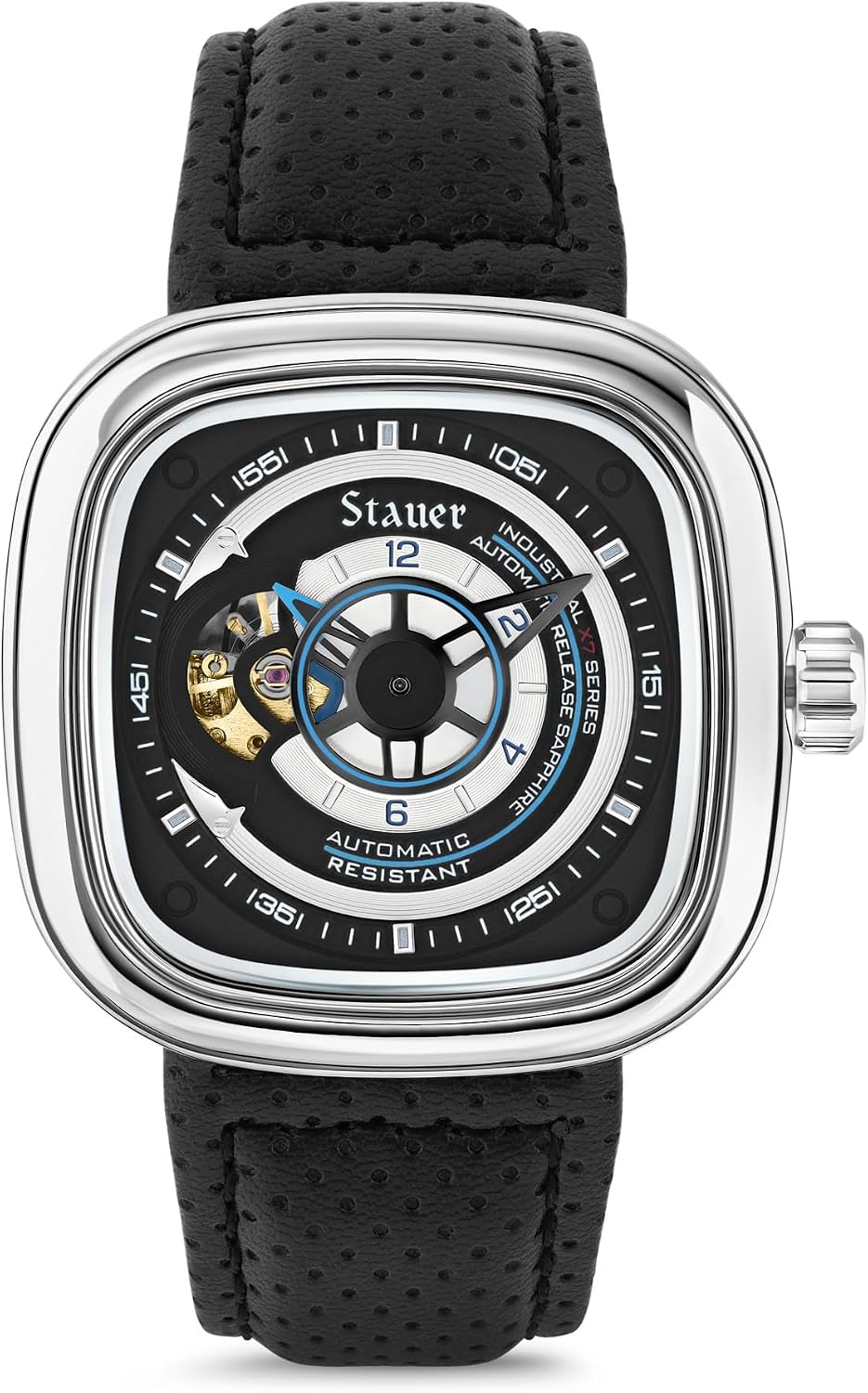 Stauer Reloj automático de esqueleto cuadrado para hombre, funda de cojín plateada de 1.732 pulgadas, esfera negra de corazón abierto, movimiento mecánico de 21 joyas, correa de cuero