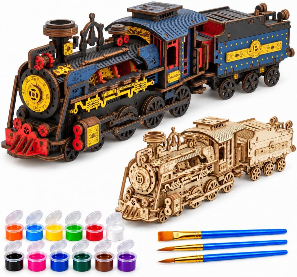 Rompecabezas de tren de vapor de madera 3D pintable para adultos
