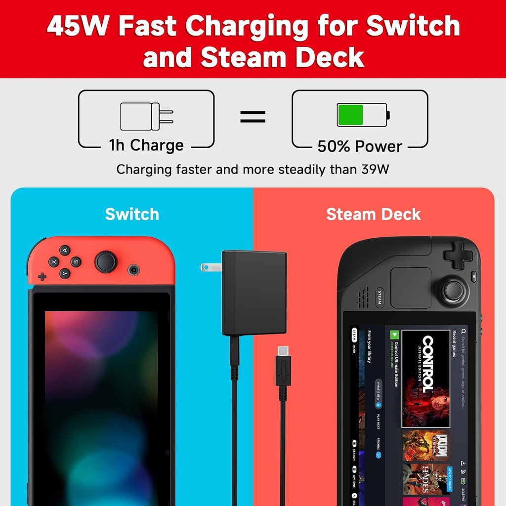 Paquete de 2 cargadores para Nintendo Switch, adaptador de CA de 45 W de carga rápida con 2 cables USB C desmontables de 5 pies, compatible con Switch/OLED/Lite, Steam Deck, soporte para modo de TV