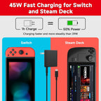 Paquete de 2 cargadores para Nintendo Switch, adaptador de CA de 45 W de carga rápida con 2 cables USB C desmontables de 5 pies, compatible con Switch/OLED/Lite, Steam Deck, soporte para modo de TV