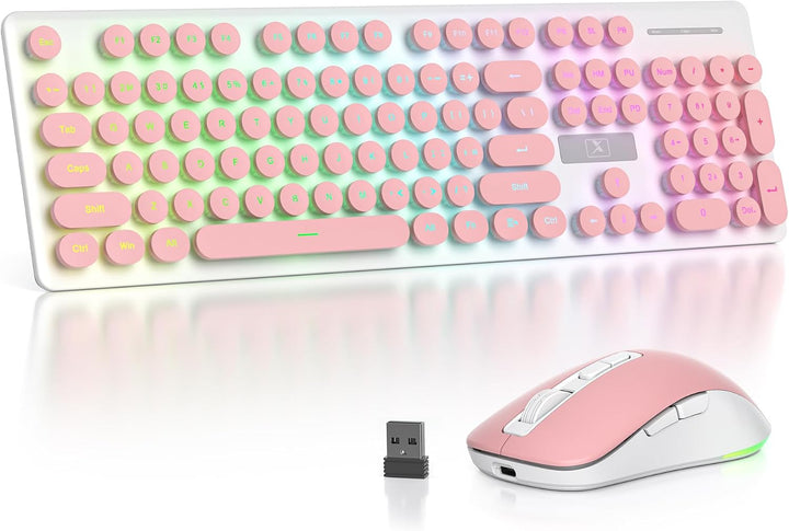 Vumilstek Teclado y mouse rosa retroiluminado, máquina de escribir...