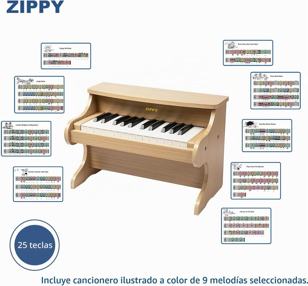 ZIPPY Teclado de piano para niños, piano digital de 25 teclas para niños, mini instrumento educativo musical, juguete de madera para niños y niñas (roble)