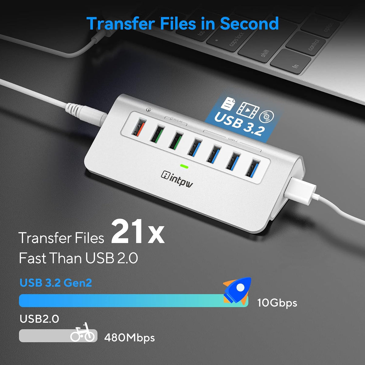 intpw, YH4S, hub USB 3.2 de 7 puertos, alimentado