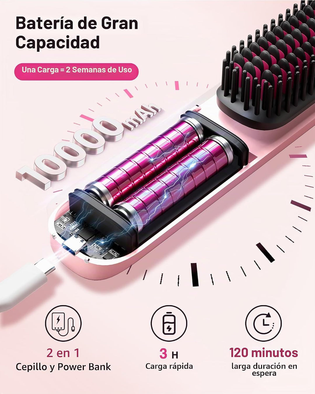Cepillo alisador de cabello inalámbrico, cepillo portátil para esti...
