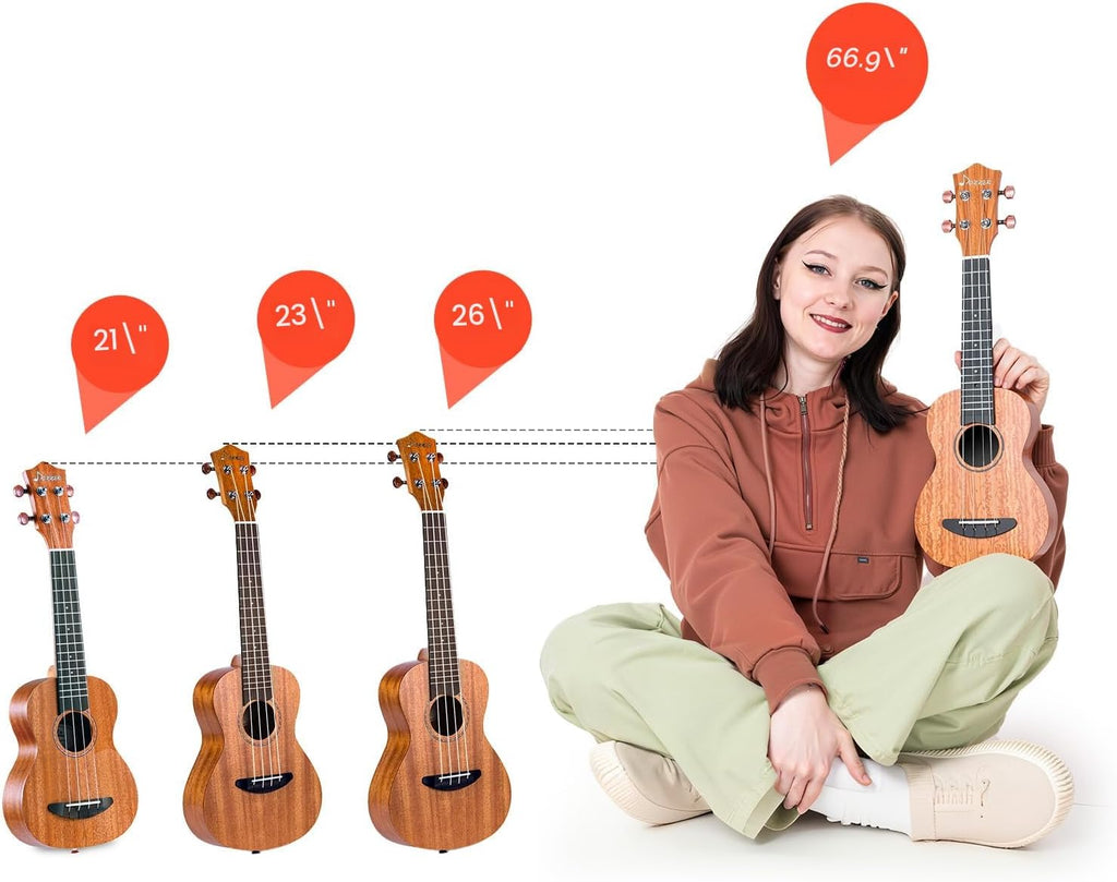 Donner Kit de ukelele para concierto, de madera de caoba y 23 pulgadas, principiante, con clase en línea gratuita, bolsa de actuación, correa, cuerda de nailon, afinador, púas, paño de limpieza, DUC-1