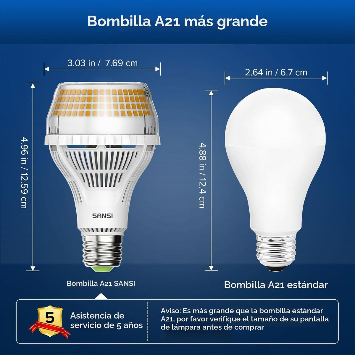 Lámpara SANSI Bombilla LED A21 equivalente a 400W, 3000K Blanco Cálido Suave 6000 Lúmenes Altos, Bombillas LED E26, Bombilla No Regulable con Tecnología Cerámica, Bombilla de Luz de Ahorro de Energía de 40