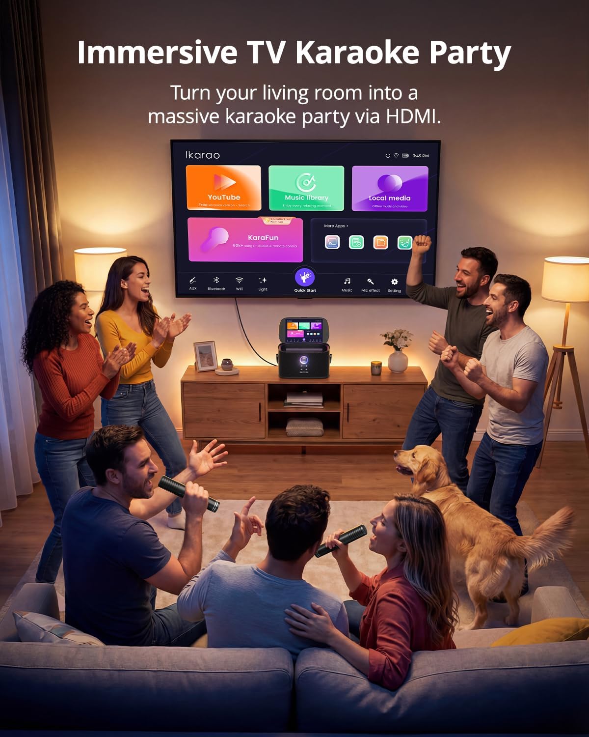 Ikarao Máquina de karaoke portátil para adultos, pantalla y pantalla de letras integradas, 2 micrófonos inalámbricos de carga automática, aplicación de karaoke, altavoz de 140 W, se conecta a la televisión para fiestas en casa, cumpleaños, campamento al