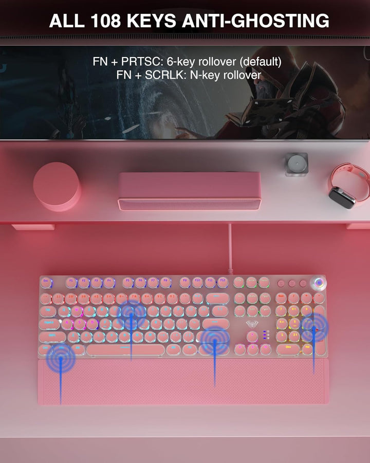 AULA F2088 Teclado mecánico estilo máquina de escribir, teclado ros...