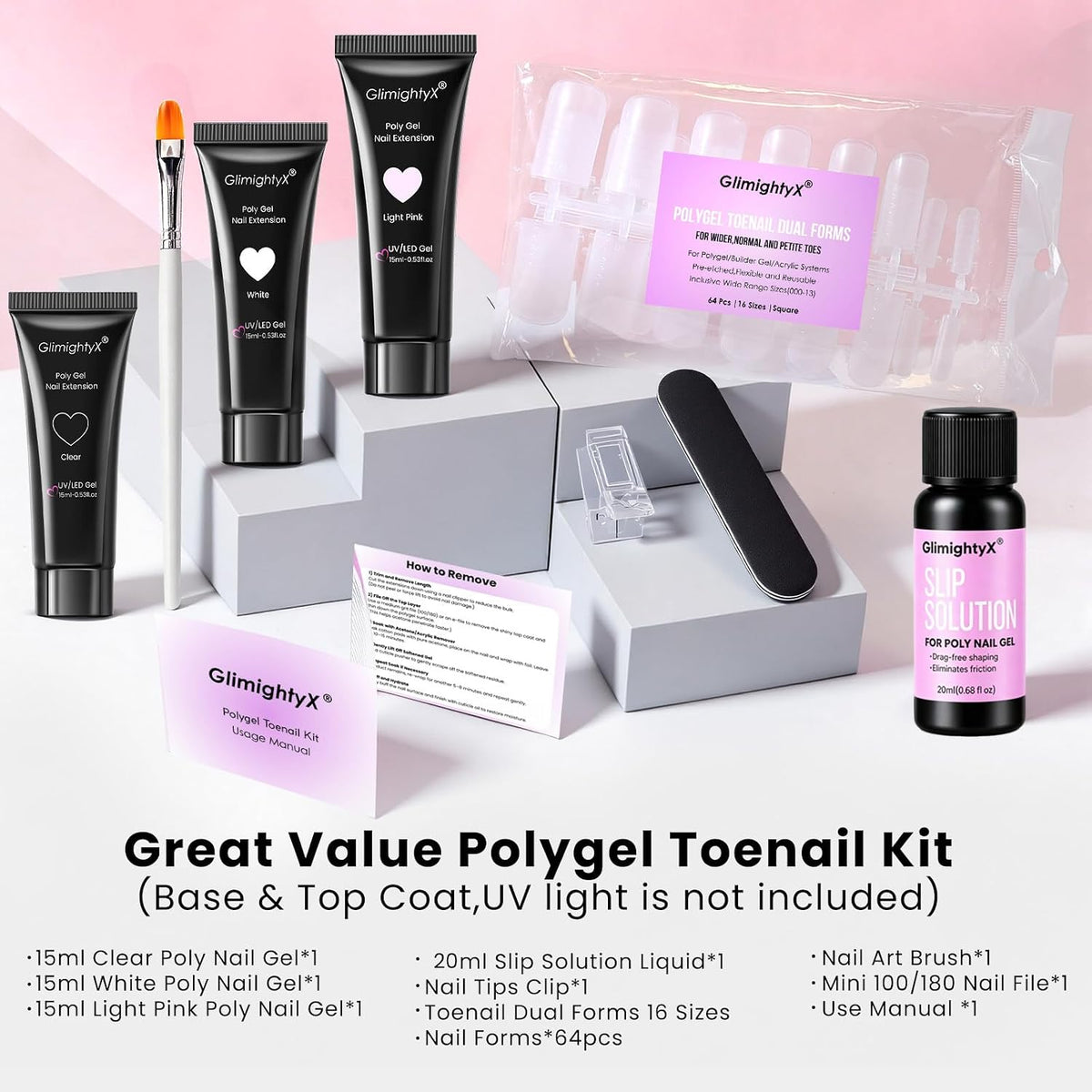 GlimightyX Kit de uñas de Polygel, blanco transparente, rosa con formas