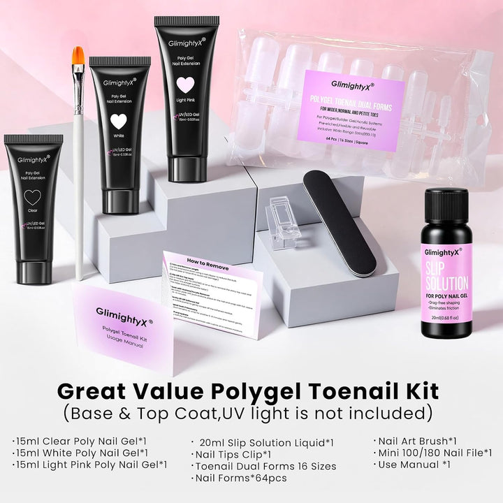 GlimightyX Kit de uñas de Polygel, blanco transparente, rosa con fo...