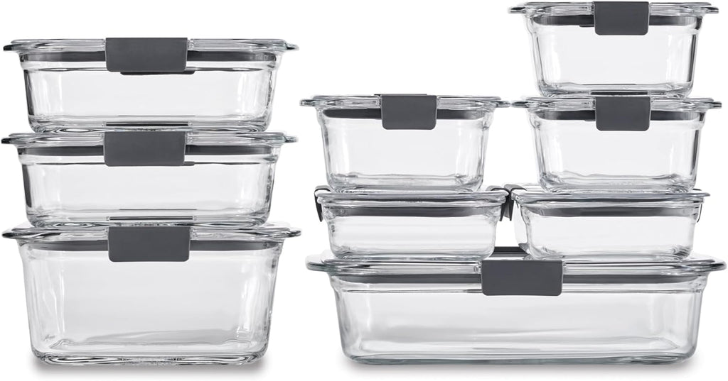 Rubbermaid Brilliance - Recipientes de vidrio para almacenamiento de alimentos, varios tamaños, juego de 9, sin BPA, a prueba de fugas, transparentes