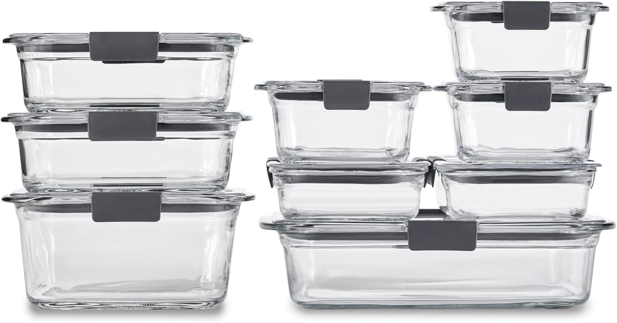 Rubbermaid Brilliance - Recipientes de vidrio para almacenamiento de alimentos, varios tamaños, juego de 9, sin BPA, a prueba de fugas, transparentes