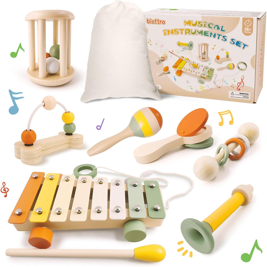 Instrumentos musicales de madera para niños pequeños de 2 años en adelante, xilófono Montessori, Maracas, sonajeros, trompeta, juguetes musicales para bebés con bolsa de almacenamiento, regalos para niños y niñas
